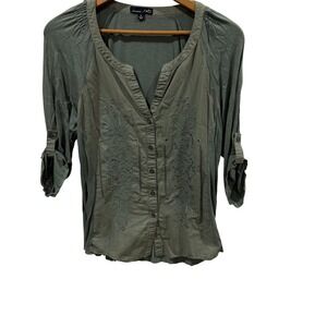 Rxb Womens Olive Green Embroidered Button Front Boho Top 3/4 Roll Tab Sleeve M